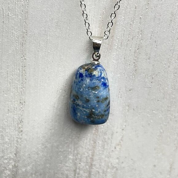 Denim Lapis Lazuli tumble pendant pyrite necklace silver plated blue gold - Picture 9 of 9